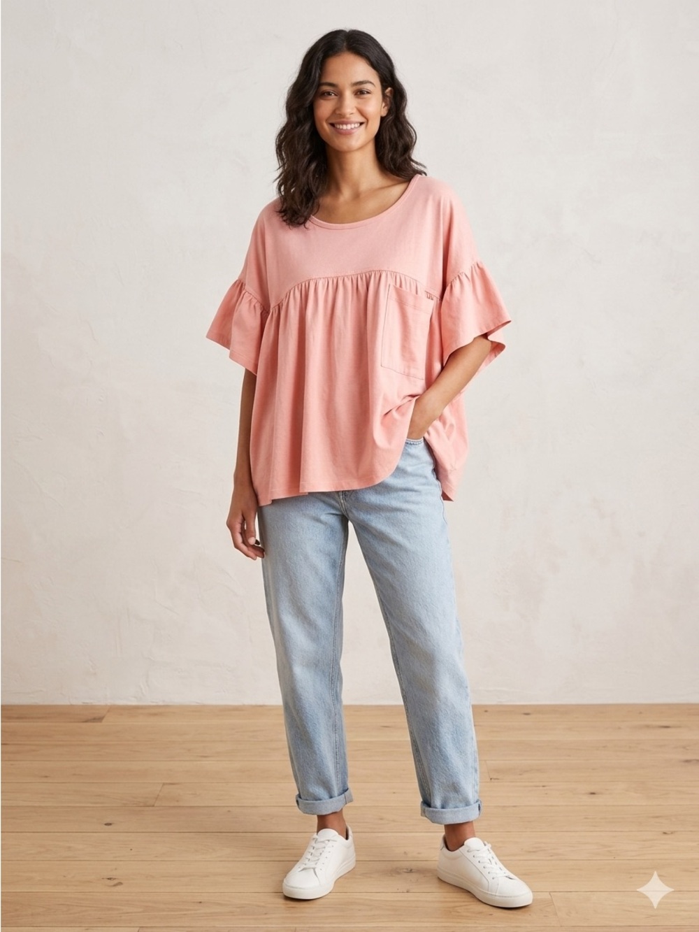 Relaxed Ruffle-Sleeve Tunic Top in Dusty Rose